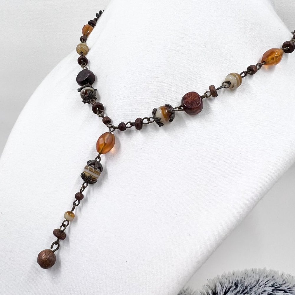 NWOT - NY & CO - Brown, Orange & Cream Beaded BOHO Style “Y” 16” Necklace - Picture 2 of 8